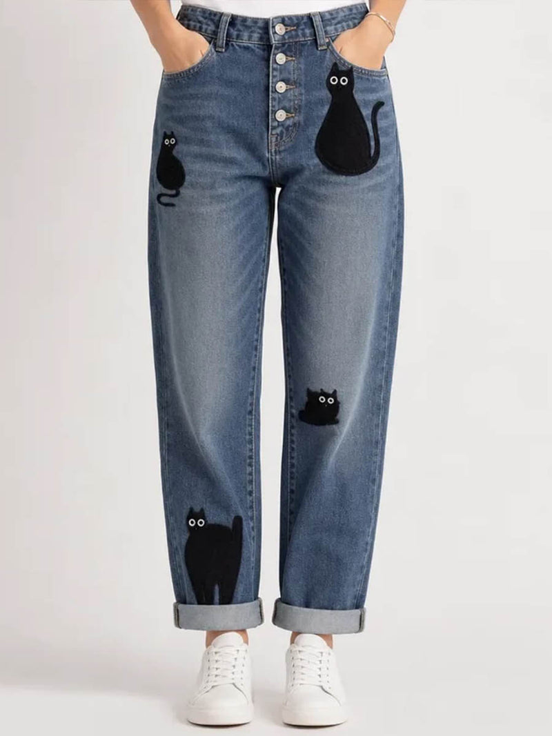 Women's Medium Blue Wash Cat Print Straight Leg Jeans