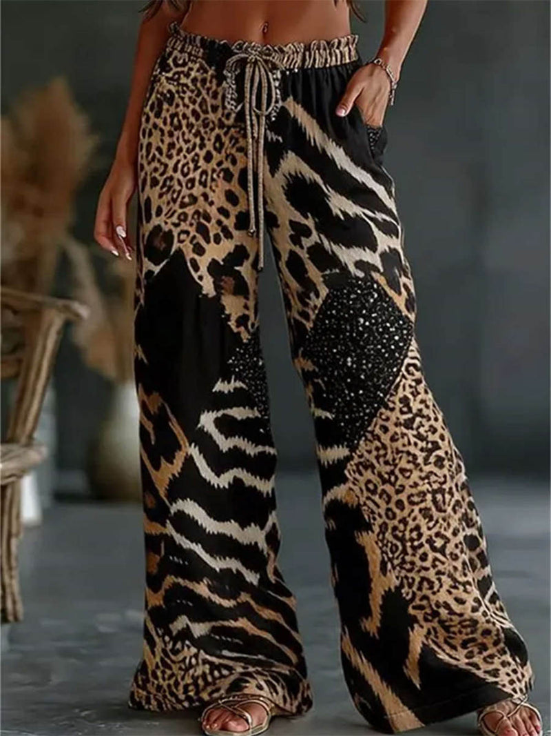 Women's Multi Leopard Zebra Patchwork Elastic Waist Full Length Flare Pants