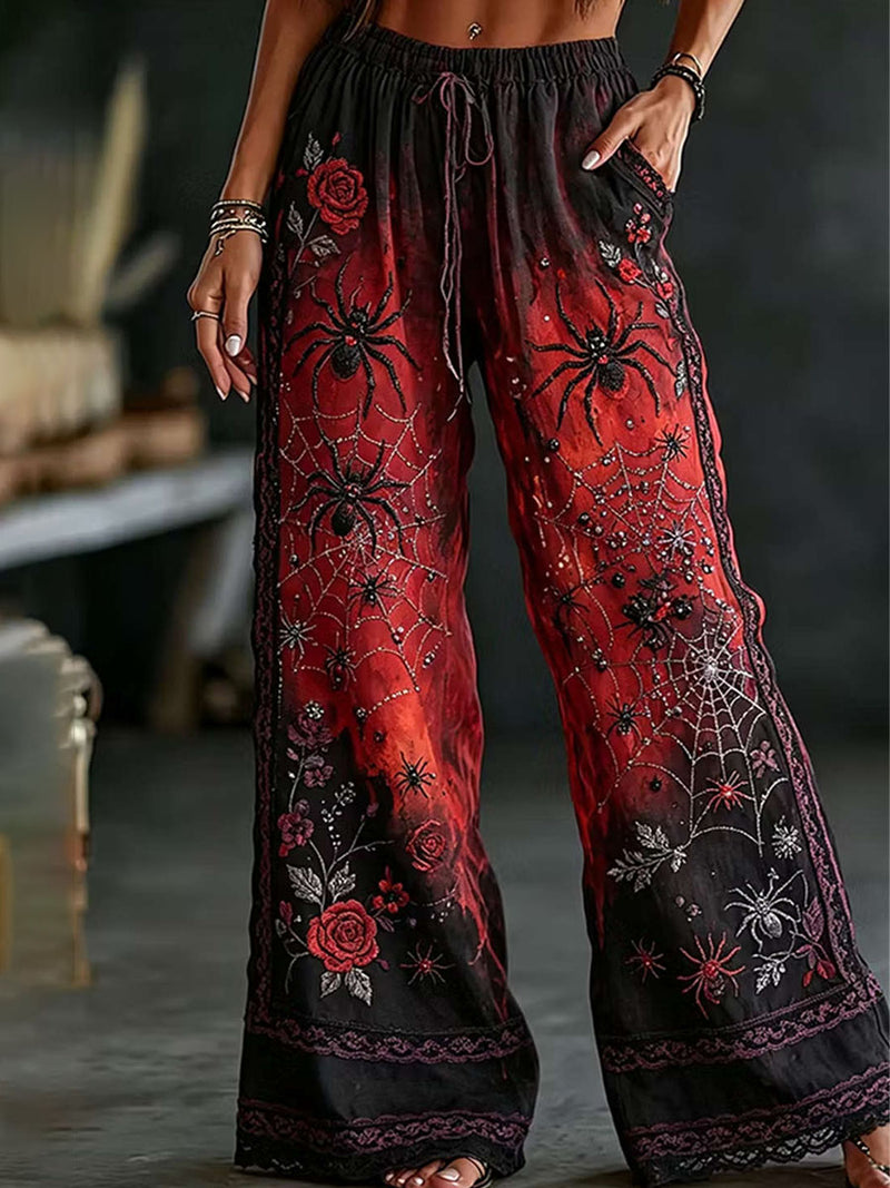 Women's Halloween Red Black Ombre Spider Rose Embroidered Elastic Waist Wide Leg Pants