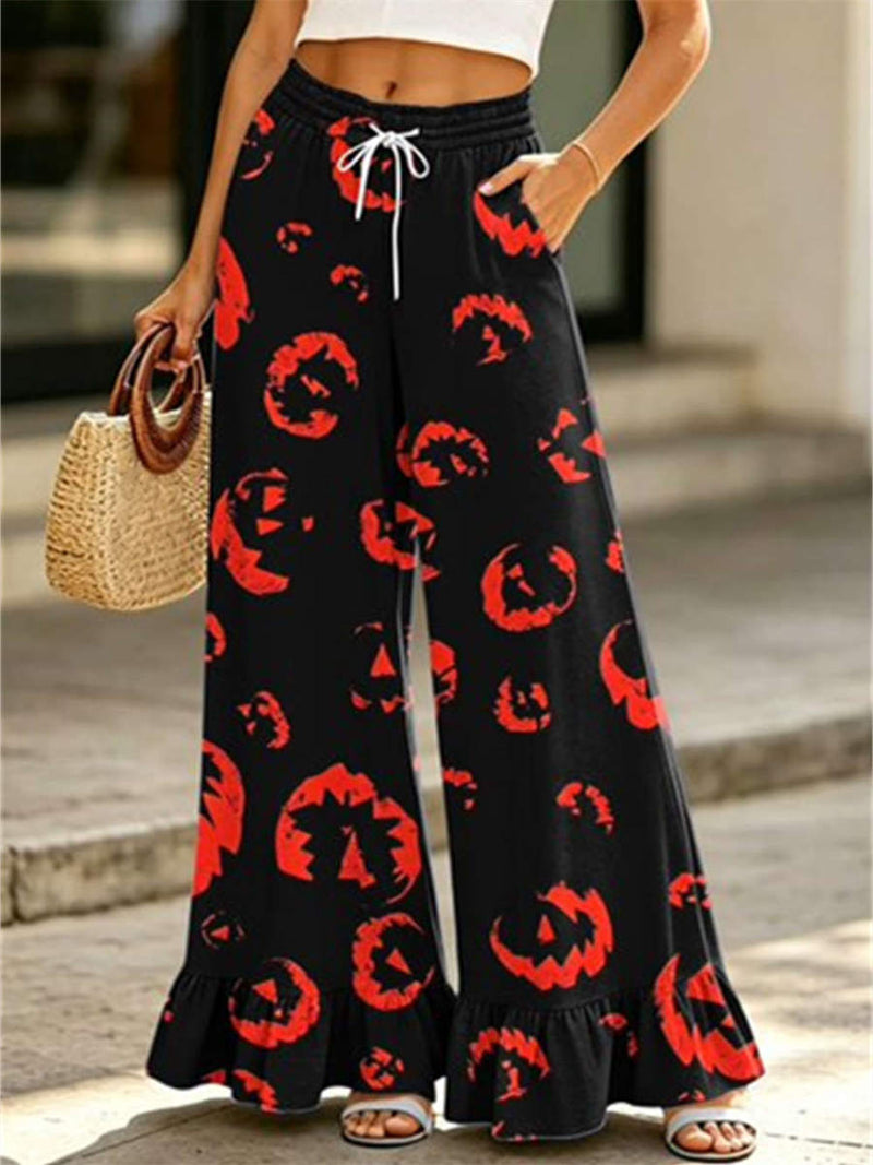 Women's Halloween Black Red Pumpkin Print Elastic Waist Ruffled Hem Wide Leg Pants