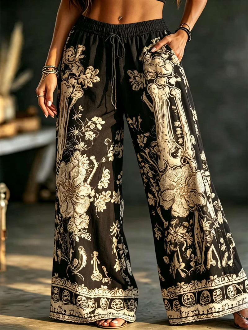 Women's Halloween Black Skeleton Floral Print Elastic Waist Wide Leg Pants