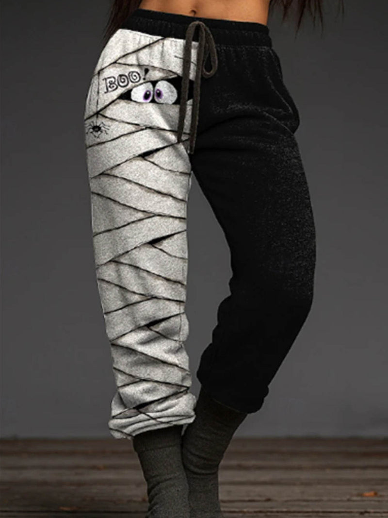 Women's Halloween Grey Black Two Tone Mummy Print Drawstring Waist Jogger Pants