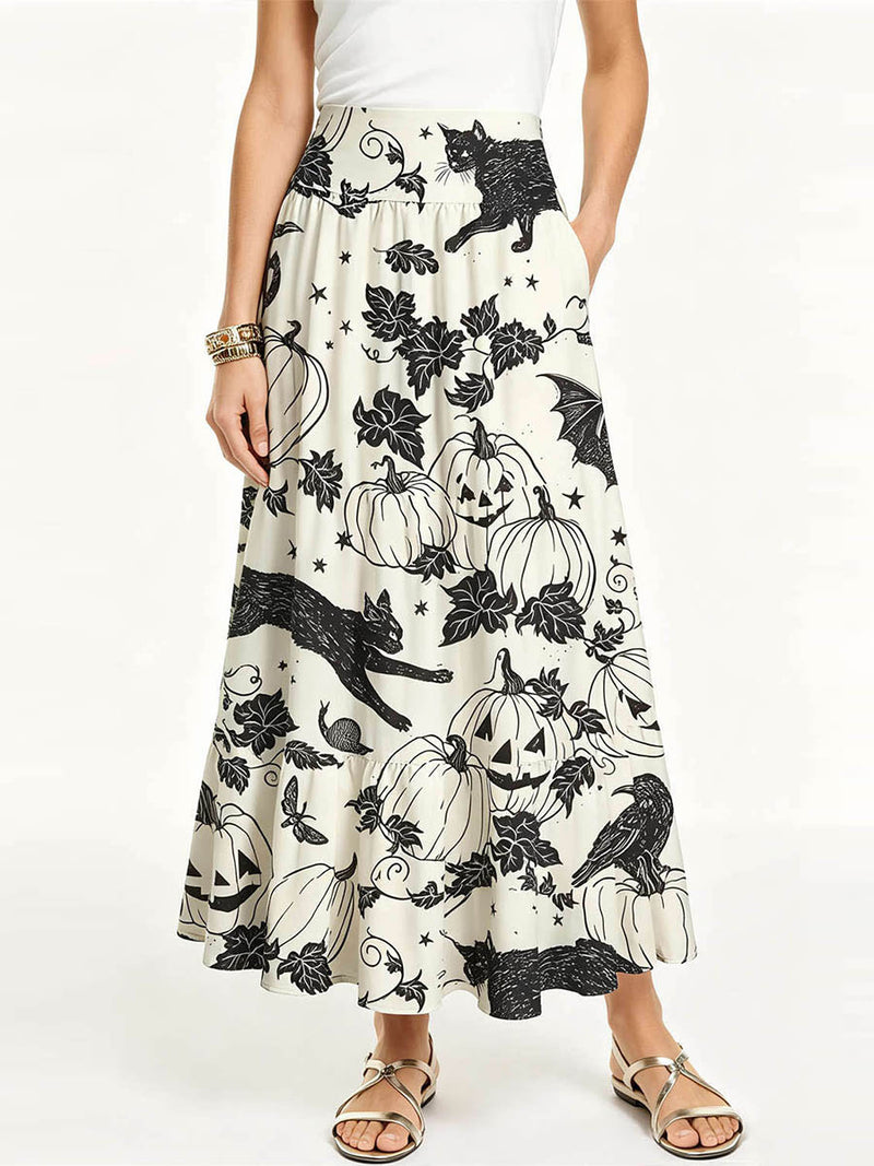 Women's Halloween Black Cat Pumpkin Print Elastic Waist Maxi Skirt