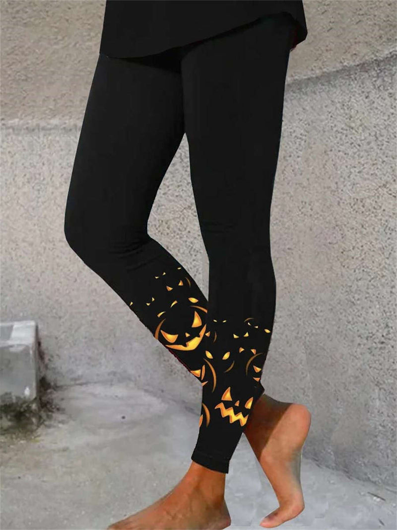 Women's Halloween Black Pumpkin Print High Waist Ankle Length Legging