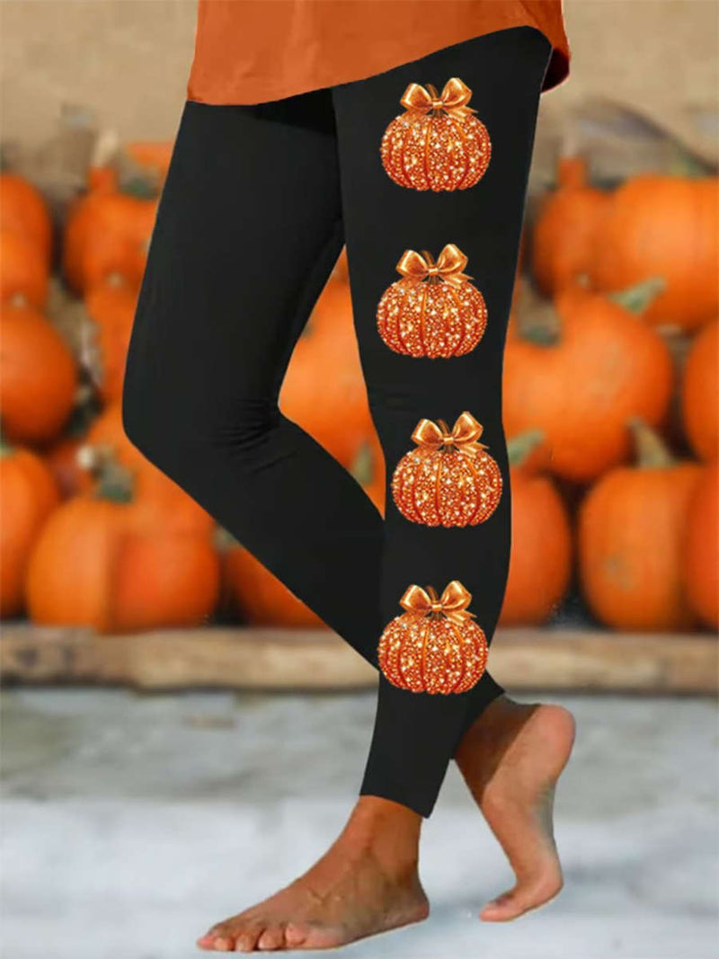Women's Halloween Black Bow Pumpkin Print High Waist Leggings