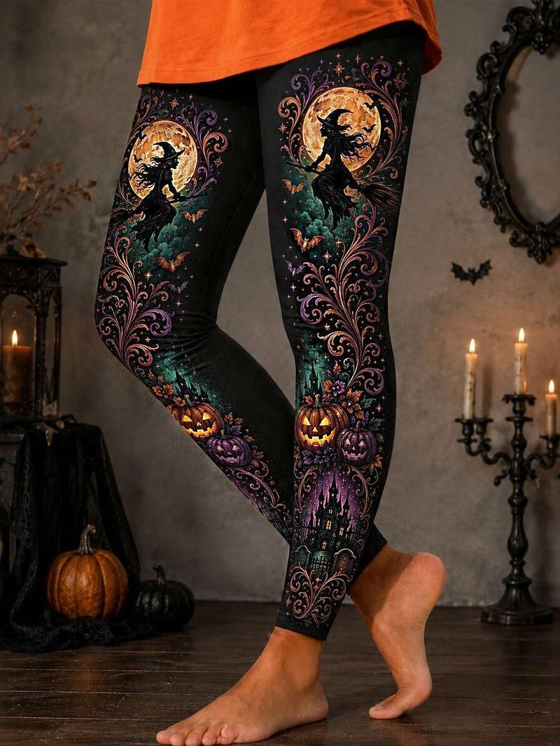 Women's Halloween Black Witch Pumpkin Castle Print High Waist Leggings
