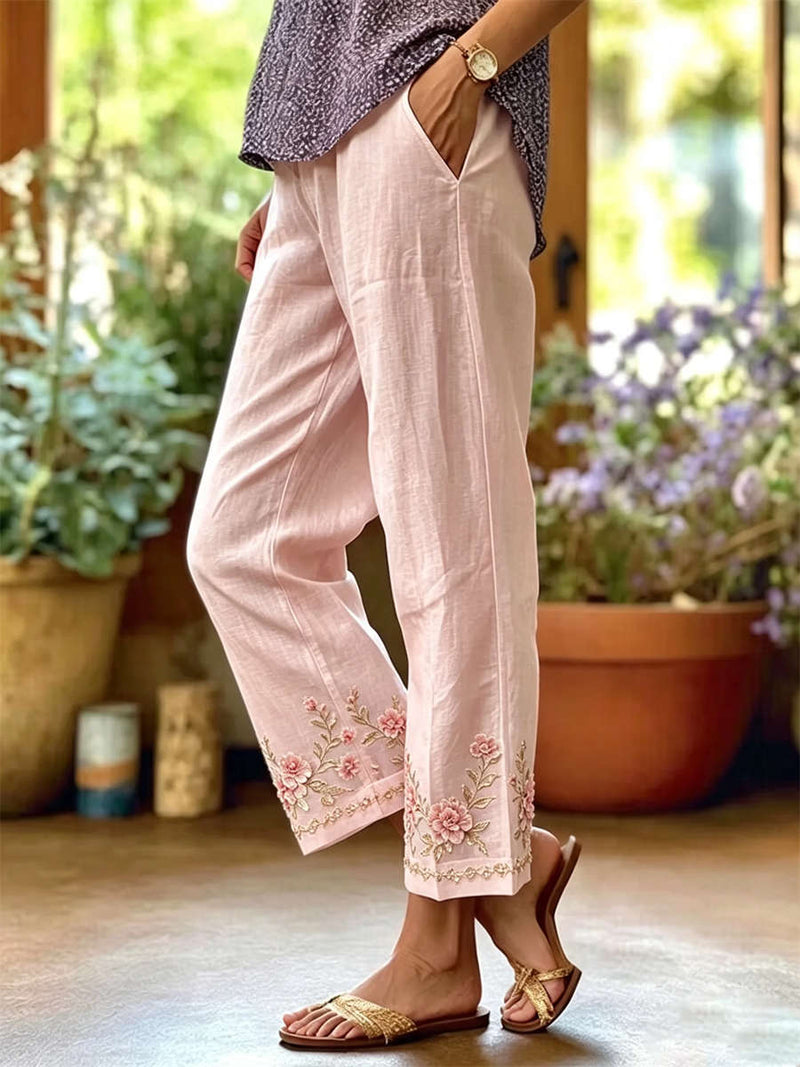 Women's Light Pink Floral Print Ankle Length Straight Leg Pants