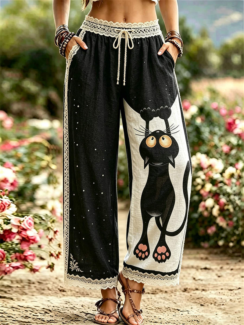 Women's Halloween Black Cat Print Lace Splicing Drawstring Waist Wide Leg Pants