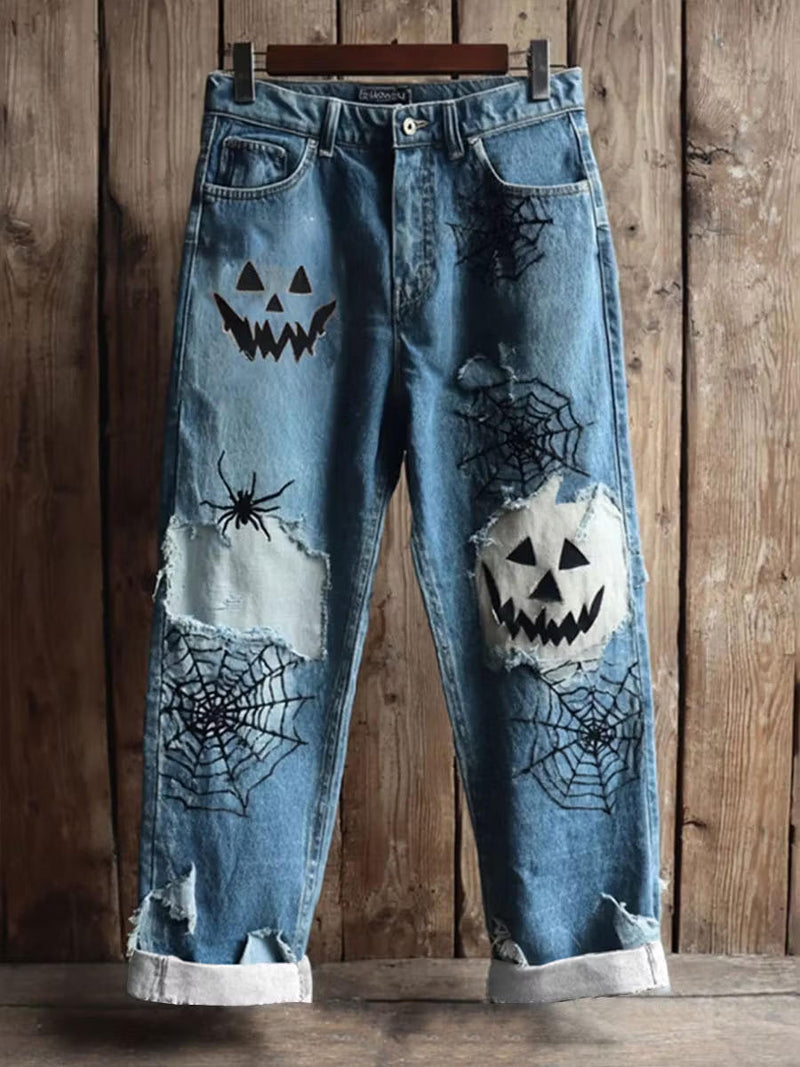 Women's Halloween Blue Pumpkin Spider Web Print Mid Waist Long Jeans
