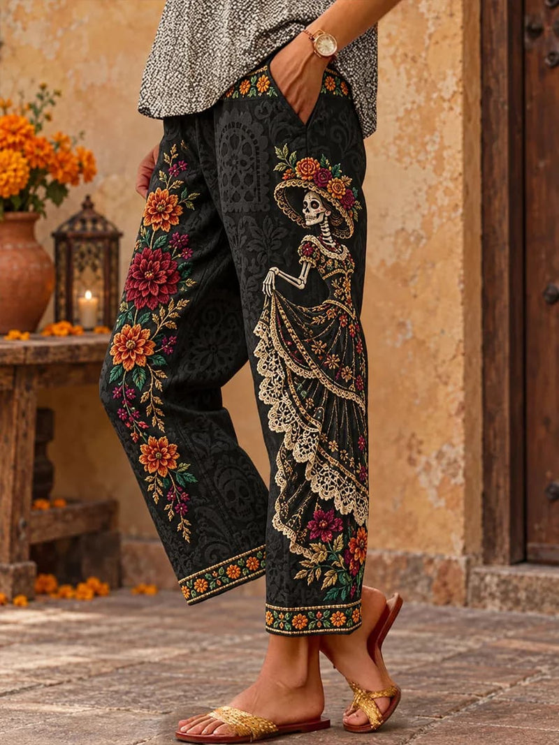 Women's Halloween Black Skeleton Floral Print Elastic Waist Straight Long Pants