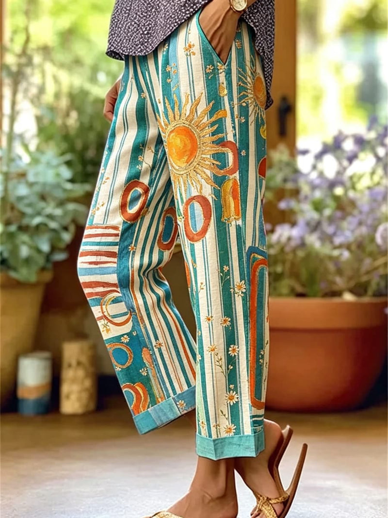 Women's Green Stripe Sun Floral Print Elastic Waist Straight Long Pants