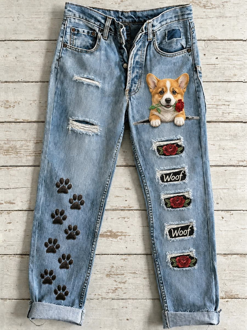 Women's Light Blue Corgi Rose Paw Print Mid Waist Long Jeans