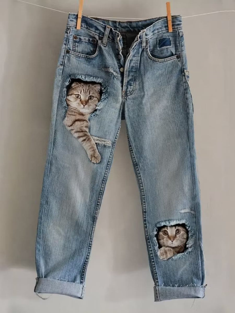 Women's Light Blue Cat Print Mid Waist Long Jeans