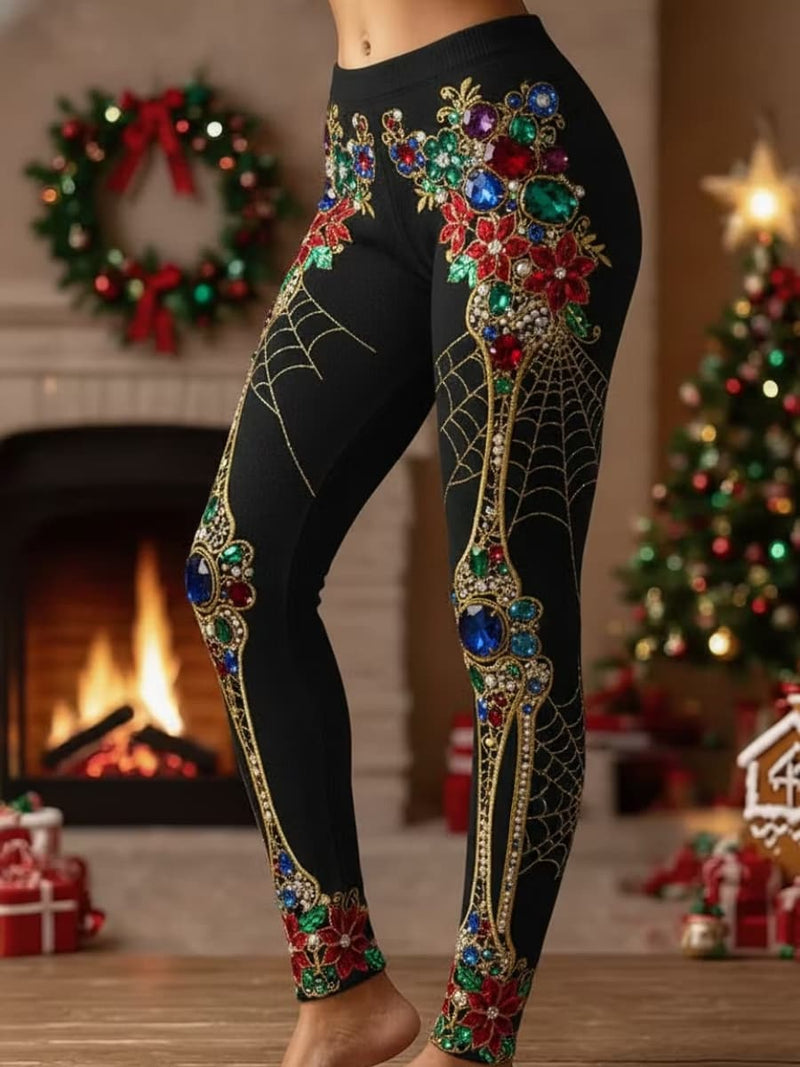 Women's Halloween Black Skeleton Spider Web Floral Print High Waist Long Leggings