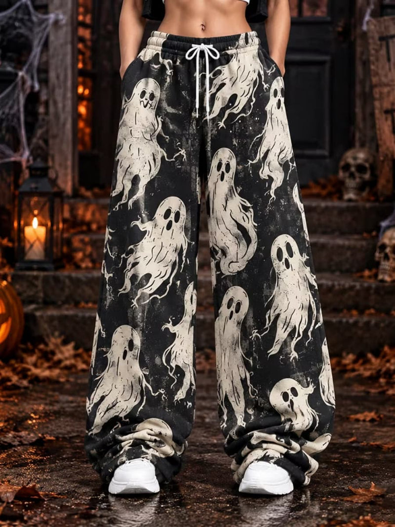 Women's Halloween Black Ghost Print Drawstring Elastic Waist Wide Leg Long Pants
