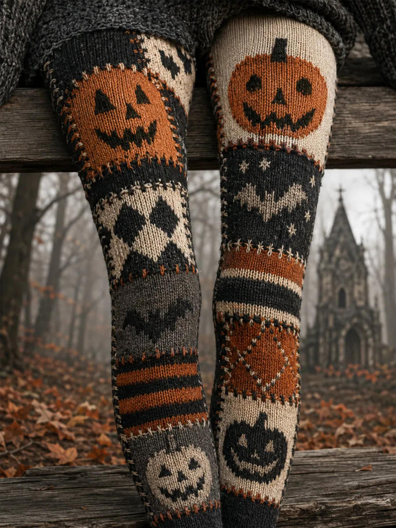 Women's Halloween Multi Color Pumpkin Bat Geometric Print High Waist Long Leggings