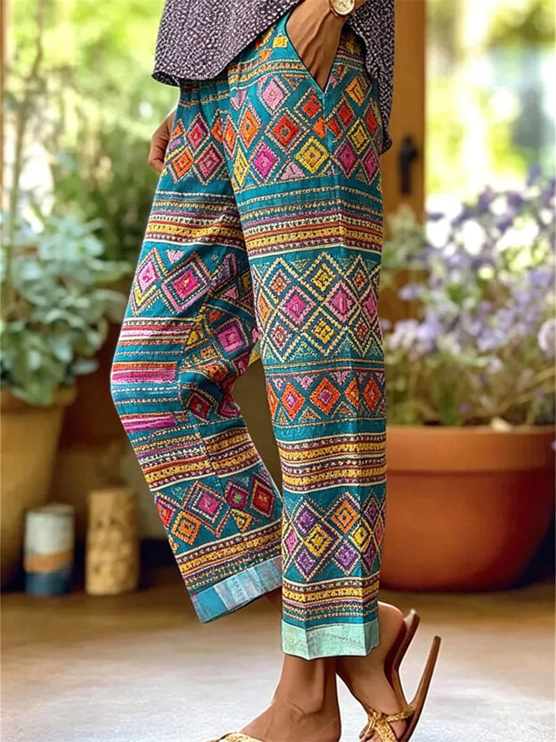 Women's Teal Ethnic Geometric Print Elastic Waist Straight Long Pants