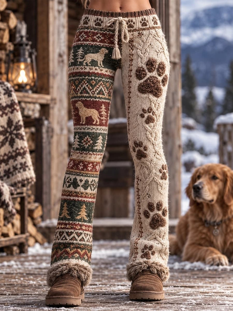 Women's Christmas Multi Color Dog Paw Christmas Tree Print Drawstring Flare Long Pants