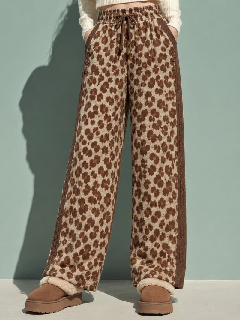 Women's Beige Brown Leopard Print Drawstring Wide Leg Long Pants
