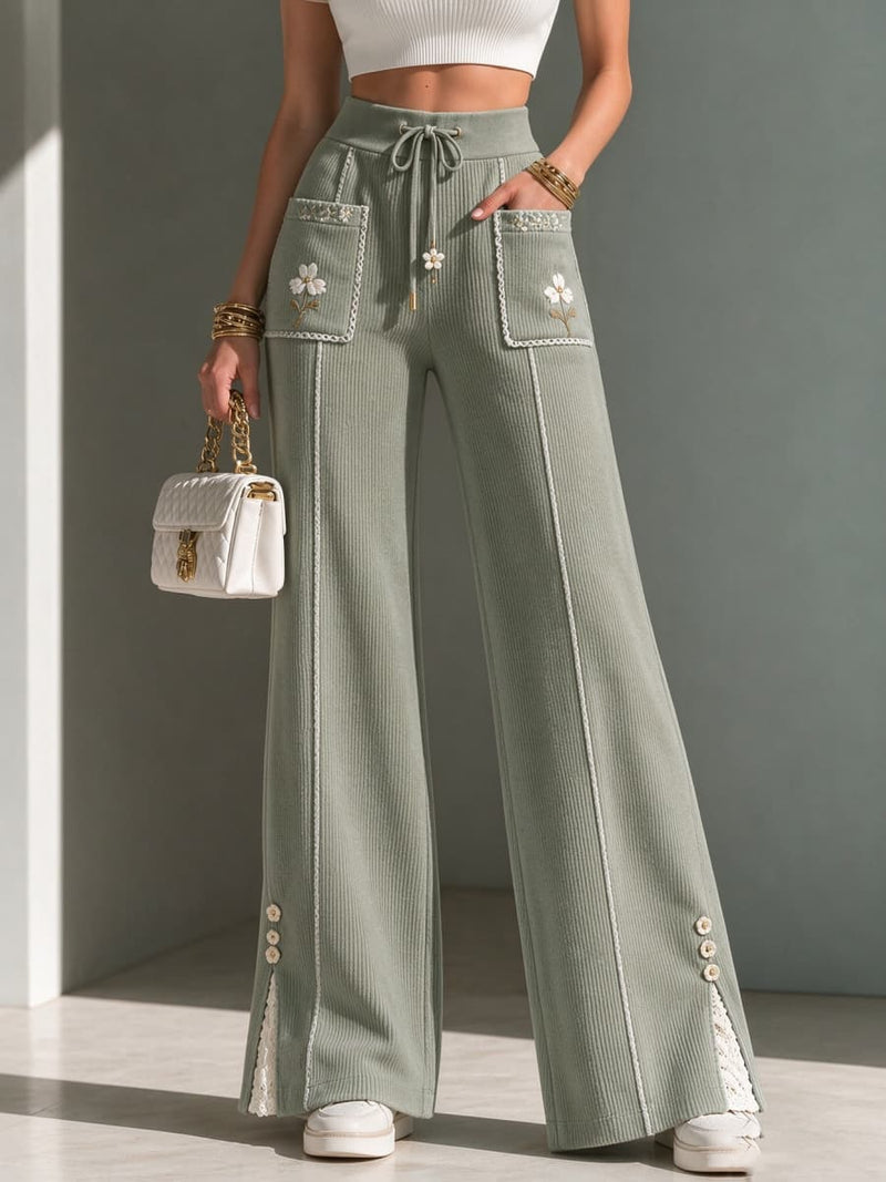 Women's Sage Green Floral Print Drawstring High Waist Long Pants
