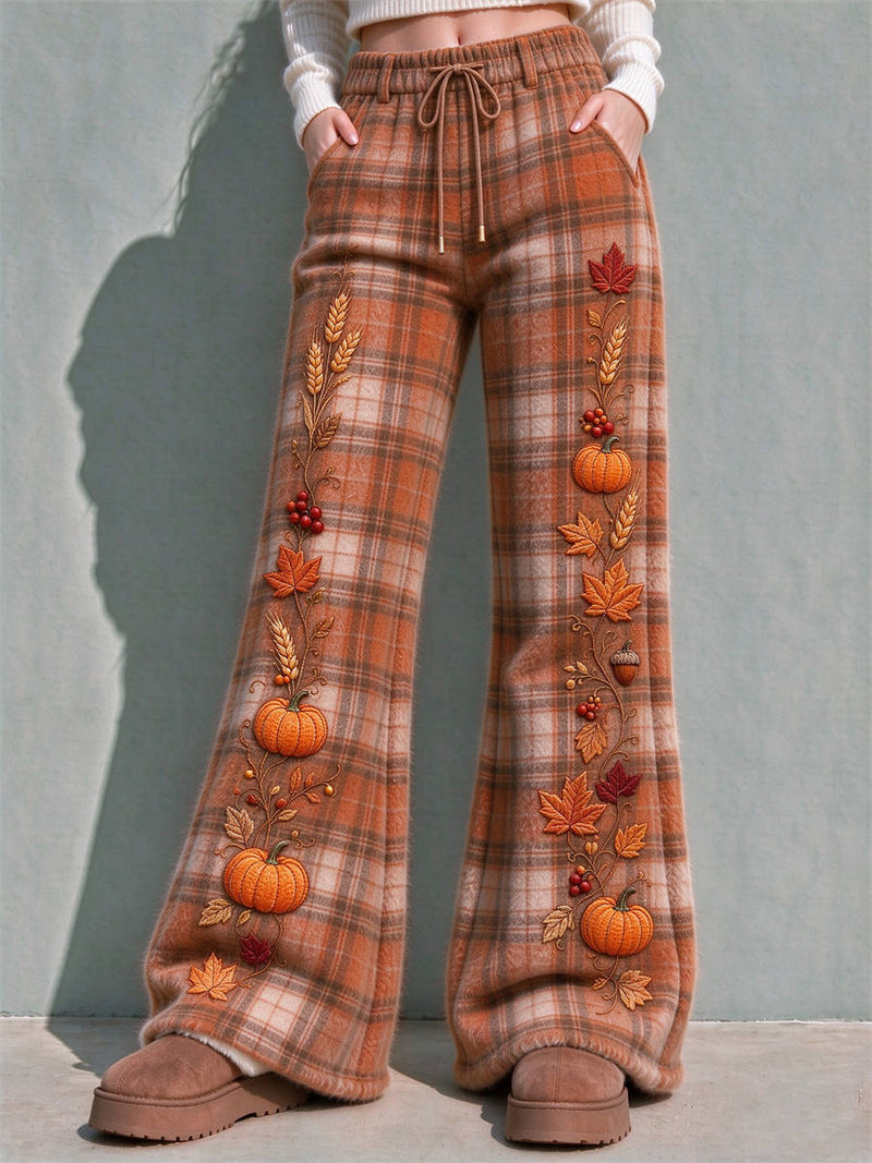 Women's Thanksgiving Orange Plaid Pumpkin Maple Leaf Print Drawstring Elastic Waist Flare Long Pants