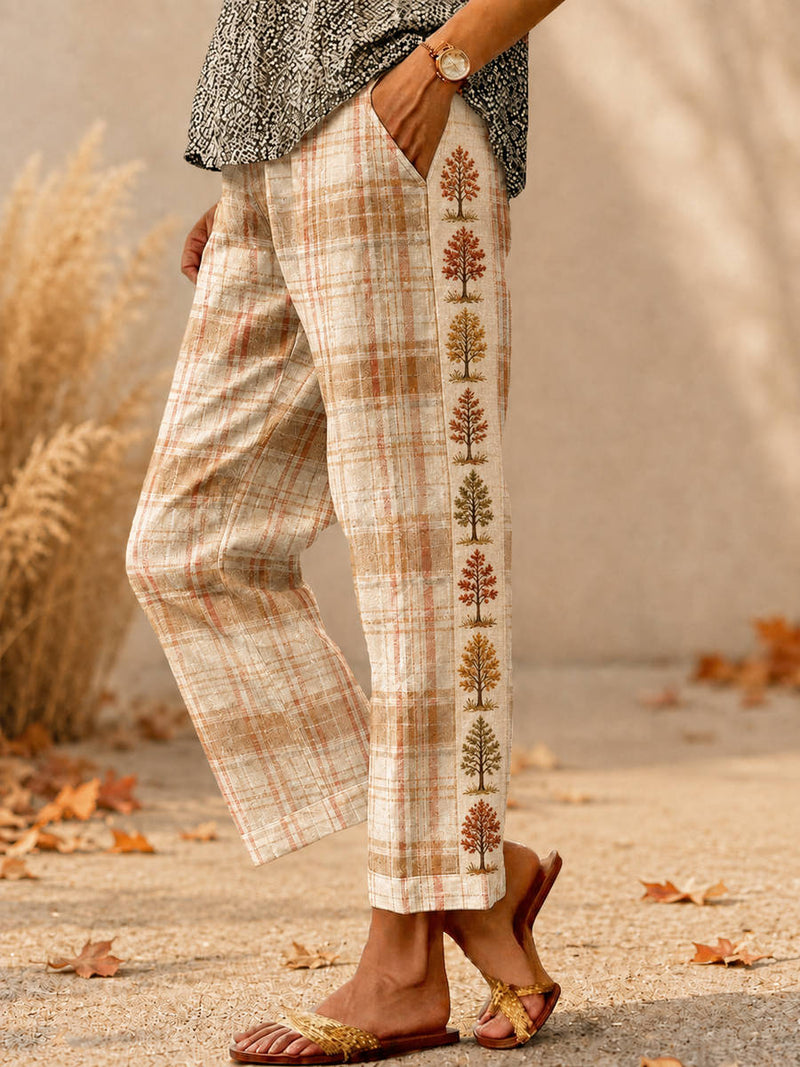 Women's Beige Plaid Tree Print Straight Leg Cropped Pants