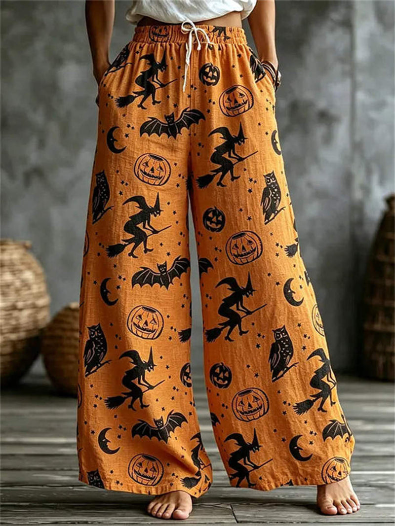 Women's Halloween Orange Witch Pumpkin Bat Print Drawstring Waist Wide Leg Pants