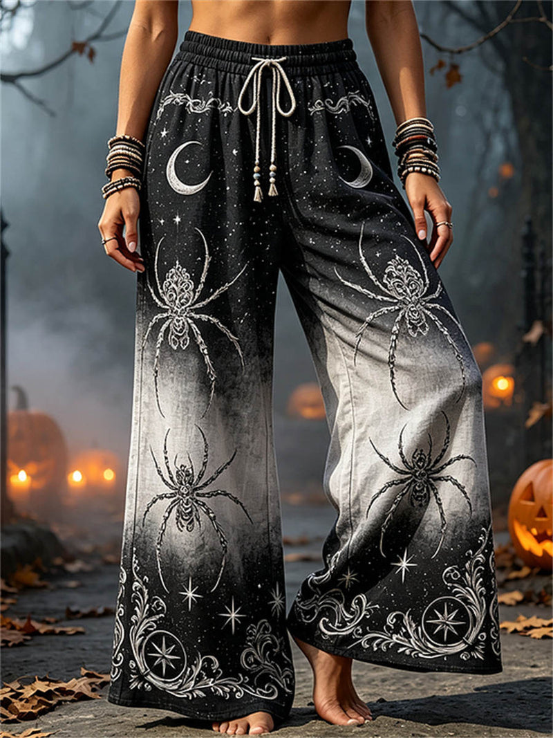 Women's Halloween Black Gradient Spider Moon Print Drawstring Waist Wide Leg Pants