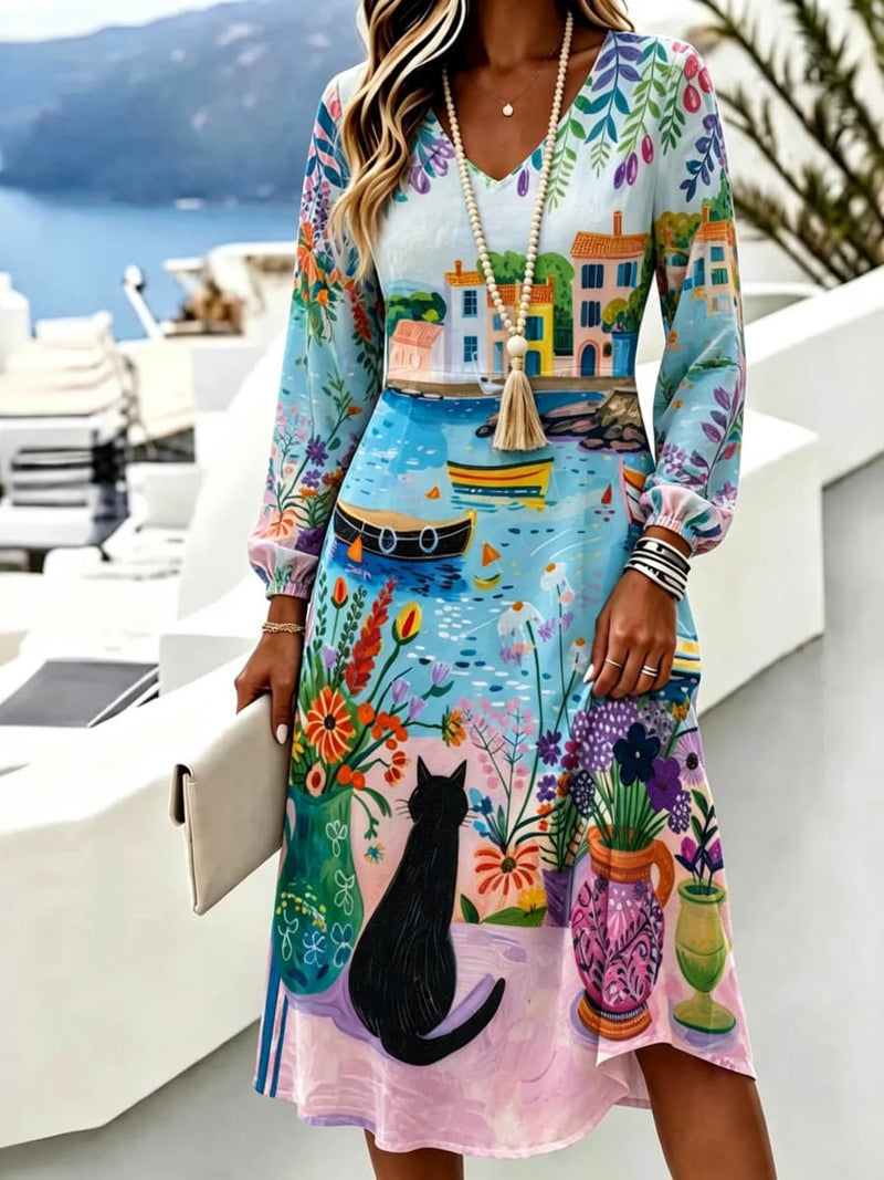 Women's Multi Sea Town Black Cat Floral Vase Print V Neck Long Sleeve Midi Dress