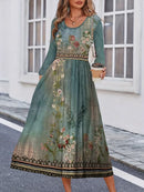 Women's Green Vintage Floral Border Print Round Neck Long Sleeve Midi Dress
