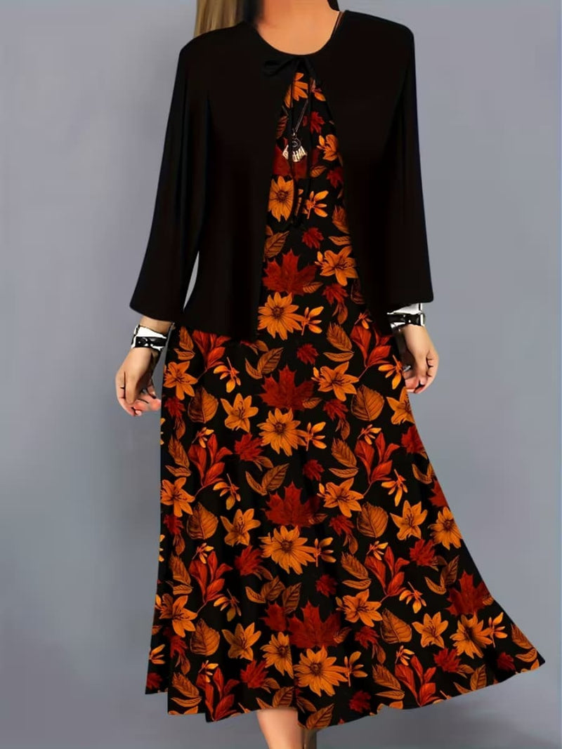 Women's Black Orange Maple Leaf Print Round Neck Long Sleeve Two Piece Midi Dress