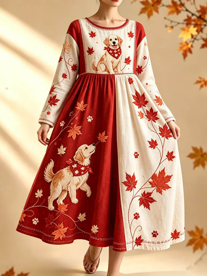 Women's Red Beige Color Block Dog Maple Leaf Print Round Neck Long Sleeve Maxi Dress