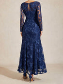 Women's Navy Floral Lace Sweetheart Neck Long Sleeve Maxi Dress