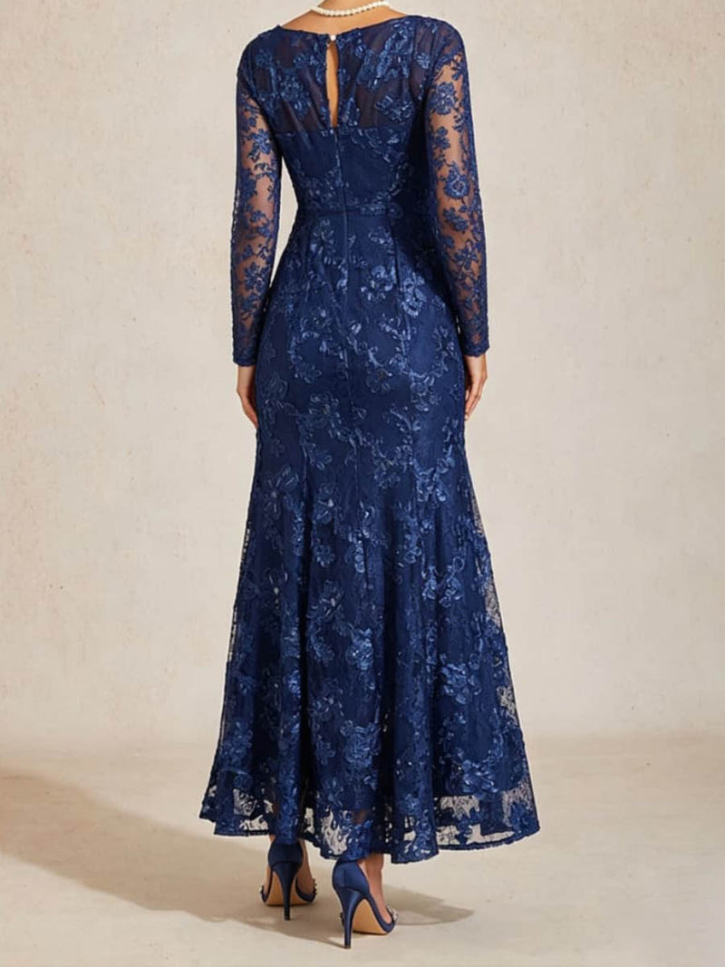 Women's Navy Floral Lace Sweetheart Neck Long Sleeve Maxi Dress