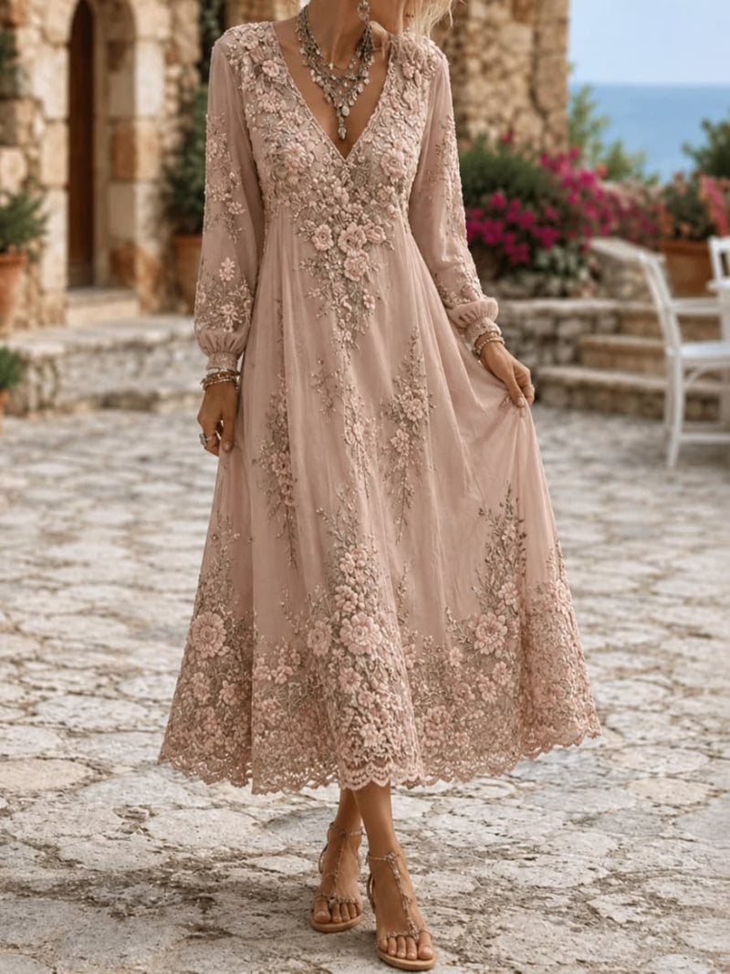 Women's Dusty Pink Floral Lace V Neck Long Sleeve Midi Dress
