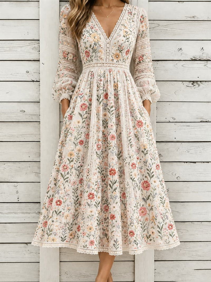 Women's Off White Floral Lace V Neck Long Sleeve Midi Dress
