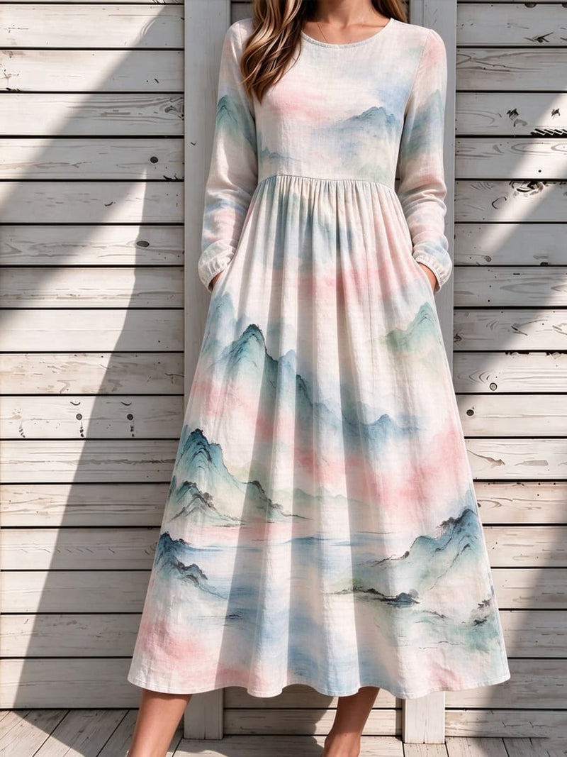Women's Multi Mountain Landscape Print Round Neck Long Sleeve Midi Dress
