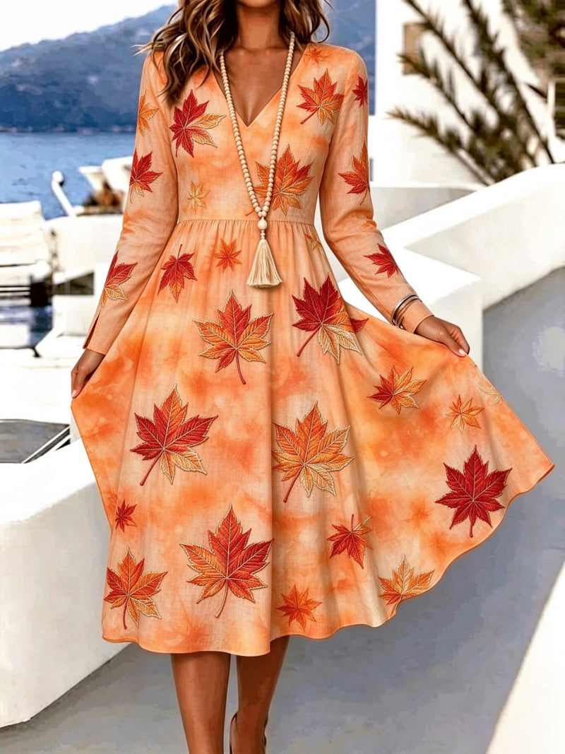 Women's Thanksgiving Orange Maple Leaf Print V Neck Long Sleeve Midi Dress