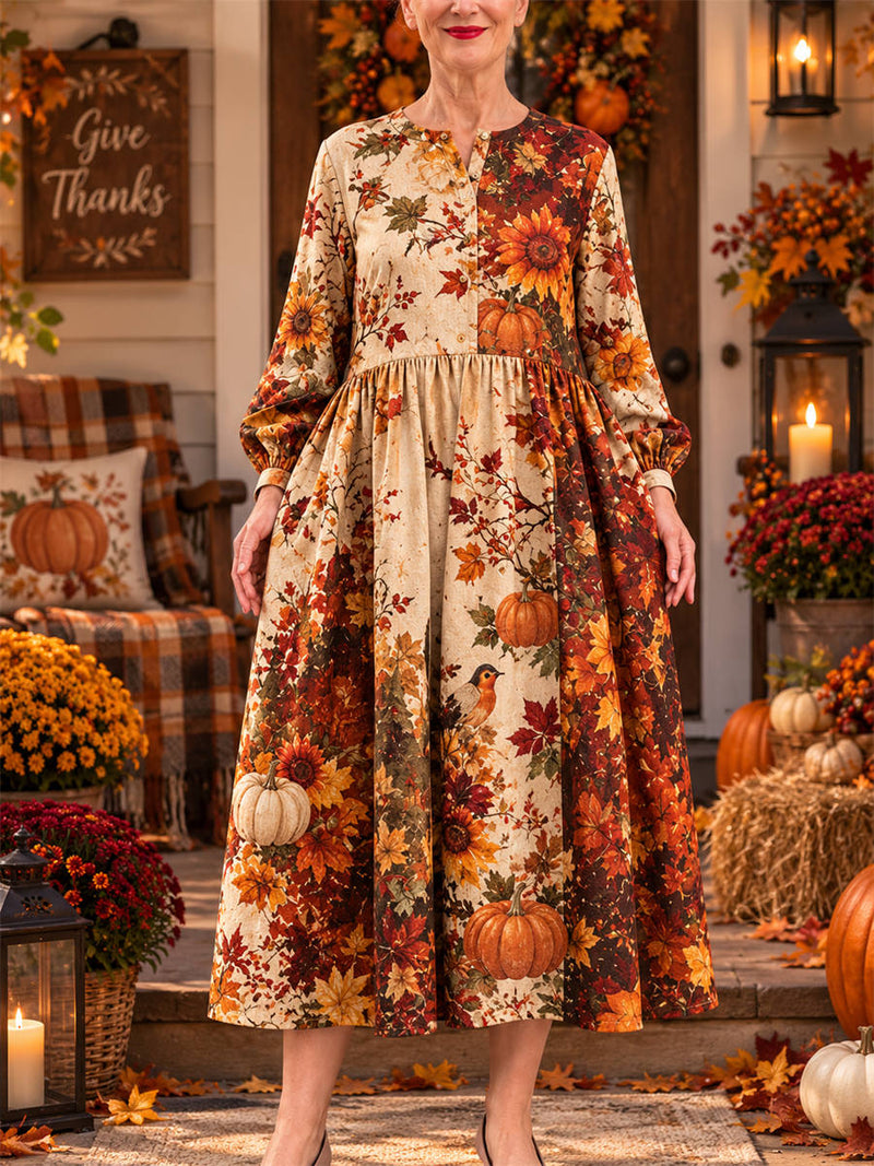 Women's Thanksgiving Multi Pumpkin Maple Leaf Floral Print Notch Neck Long Sleeve Midi Dress