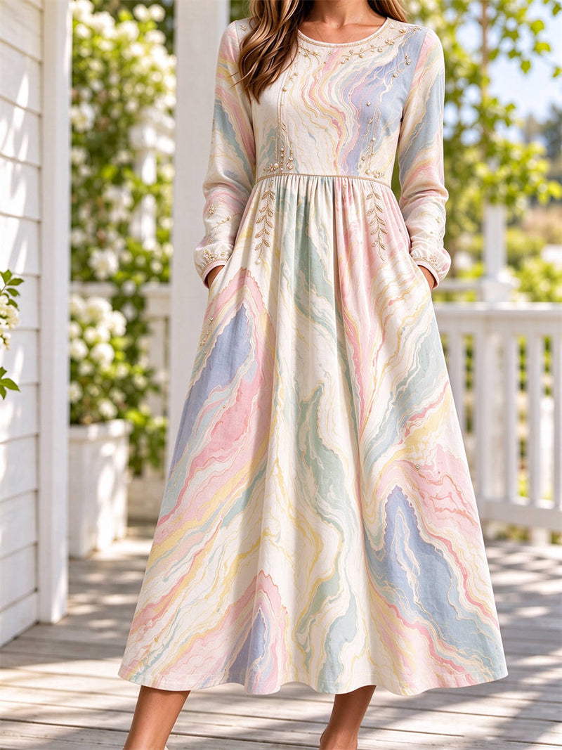Women's Pastel Marble Swirl Print Round Neck Long Sleeve Midi Dress