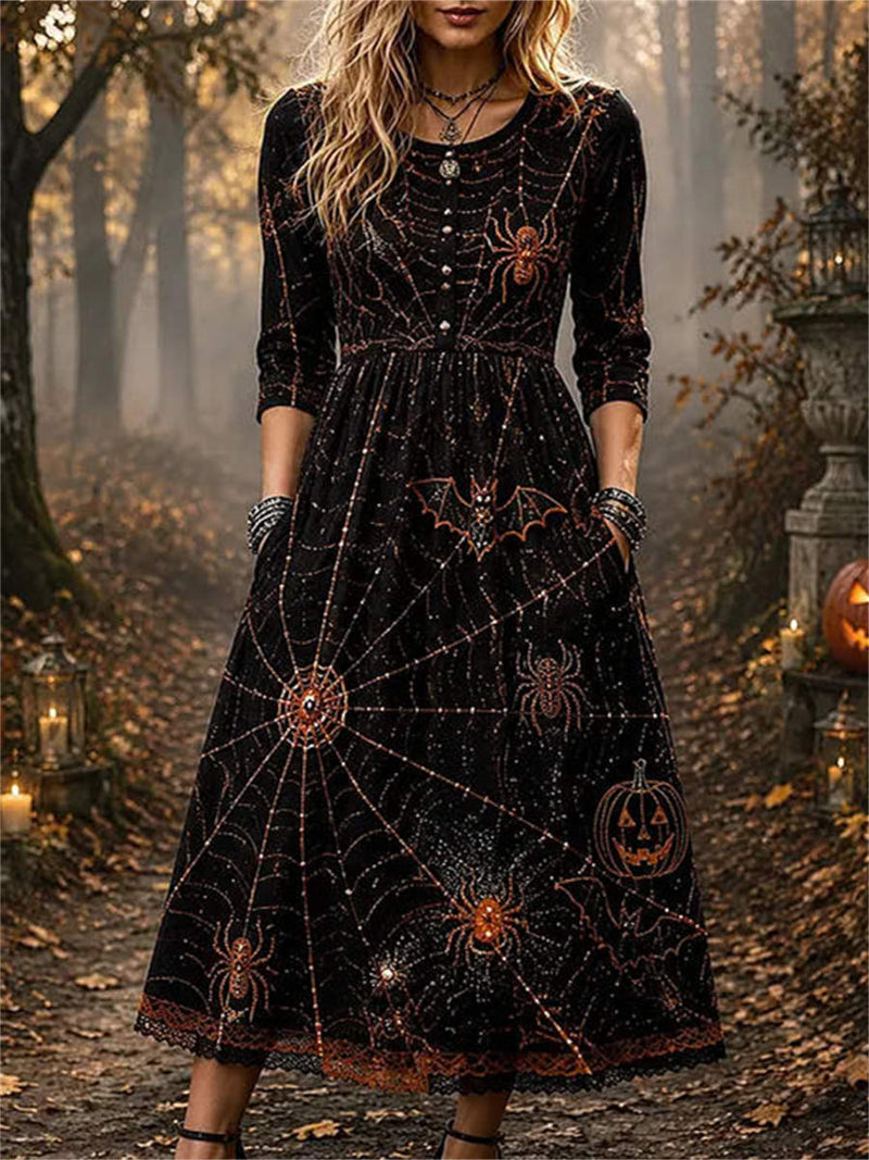 Women's Halloween Black Spider Web Bat Print Round Neck 3/4 Sleeve Maxi Dress