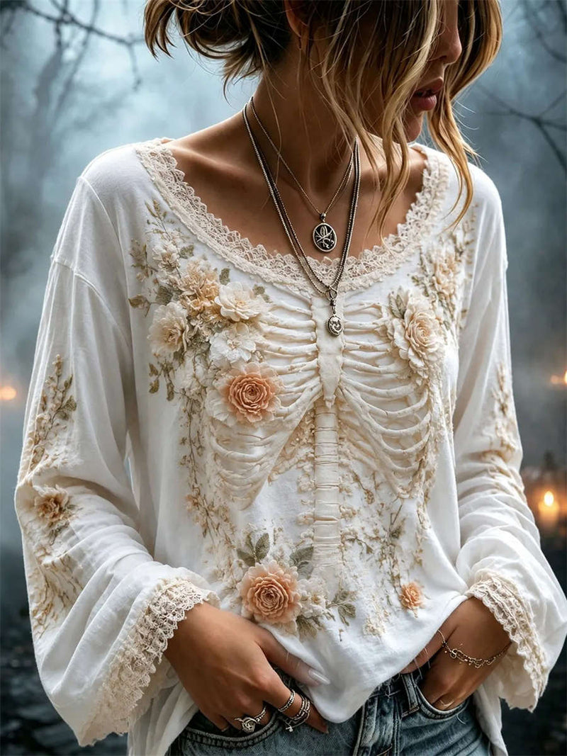 Women's Halloween White Skeleton Floral Print Lace Round Neck Long Sleeve Blouse