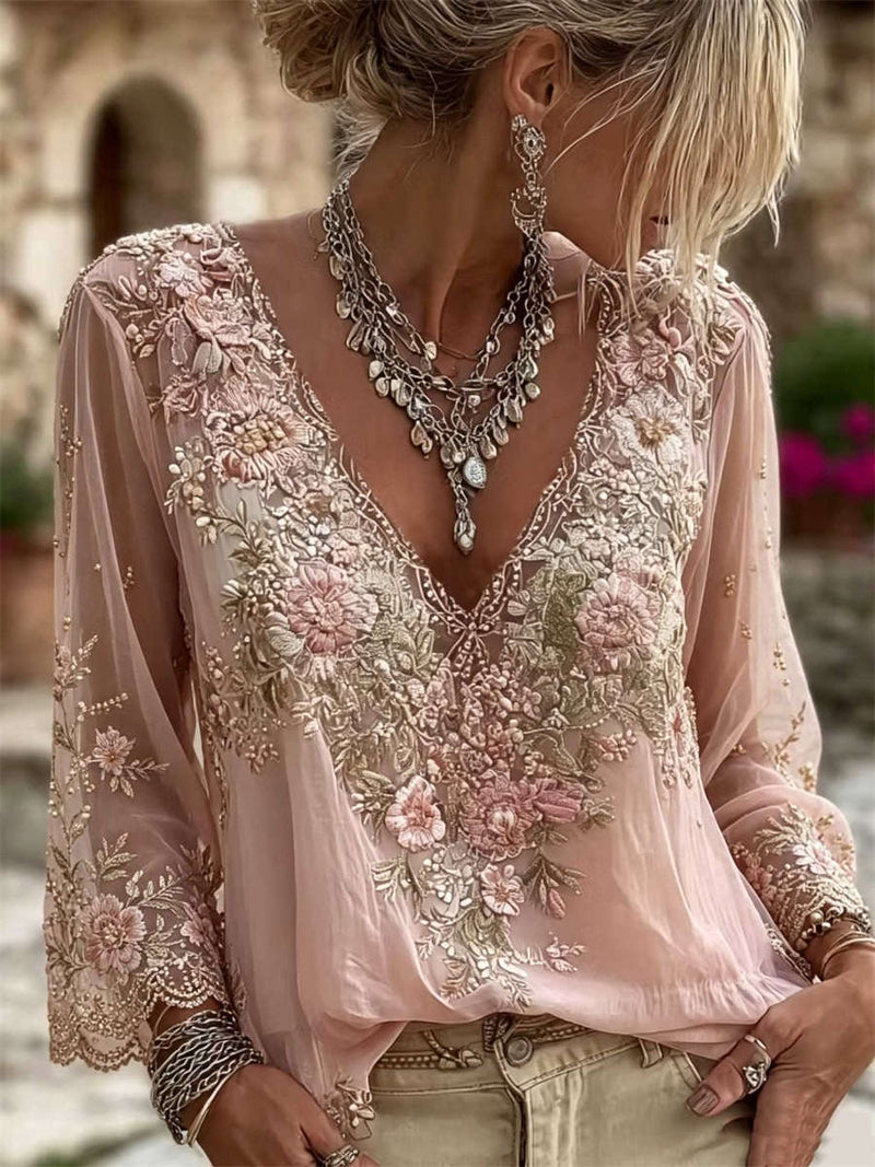 Women's Pink Floral Lace Print V Neck Long Sleeve Blouse