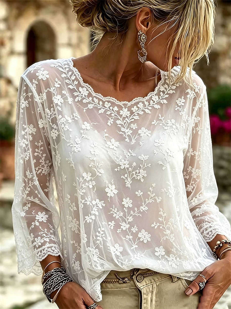 Women's White Floral Lace Scalloped V Neck Long Sleeve Blouse