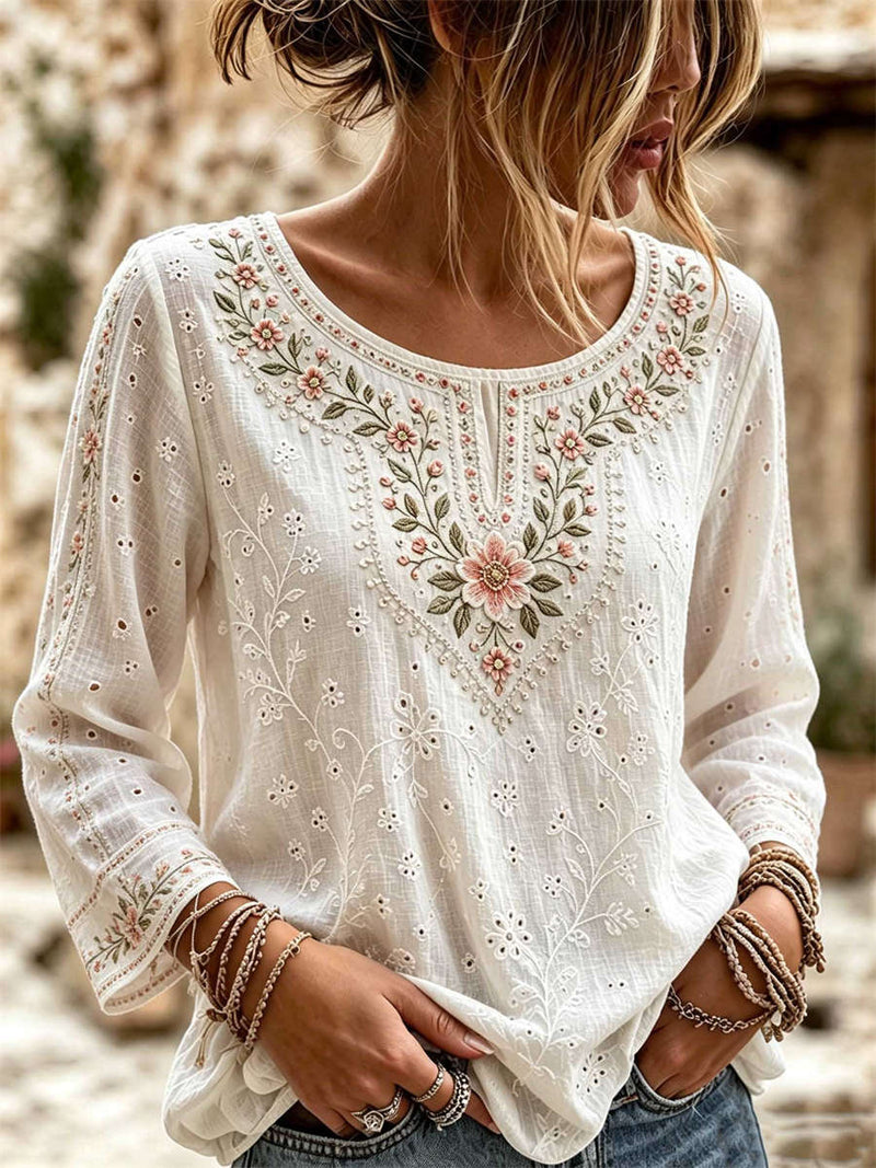 Women's White Floral Eyelet Print Round Neck Long Sleeve Blouse