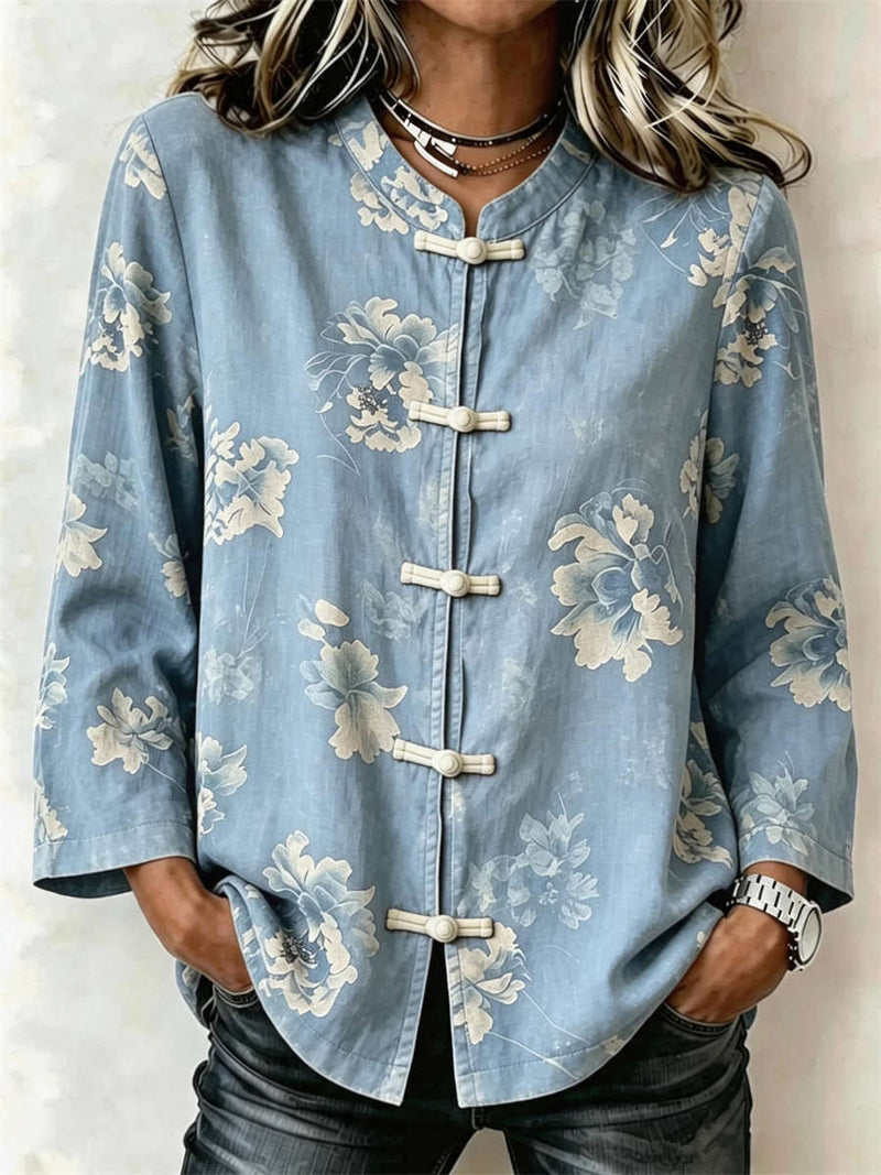 Women's Blue Peony Print Frog Button Mandarin Collar Long Sleeve Blouse