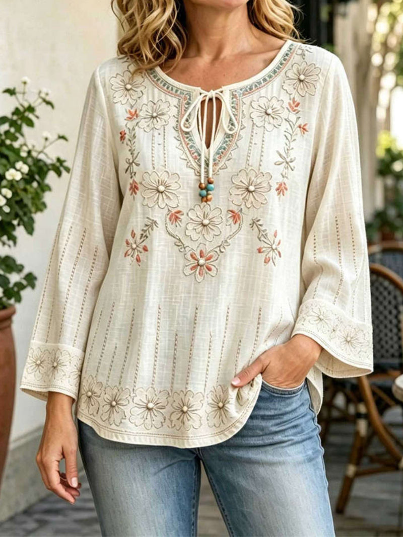 Women's Ivory Floral Print Tie Round Neck Long Sleeve Blouse