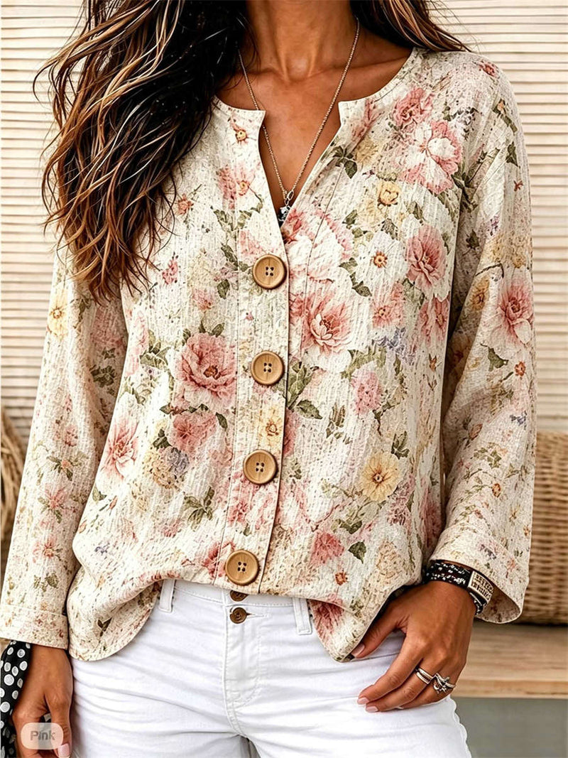 Women's Ivory Vintage Floral Print Notch Neck Long Sleeve Blouse