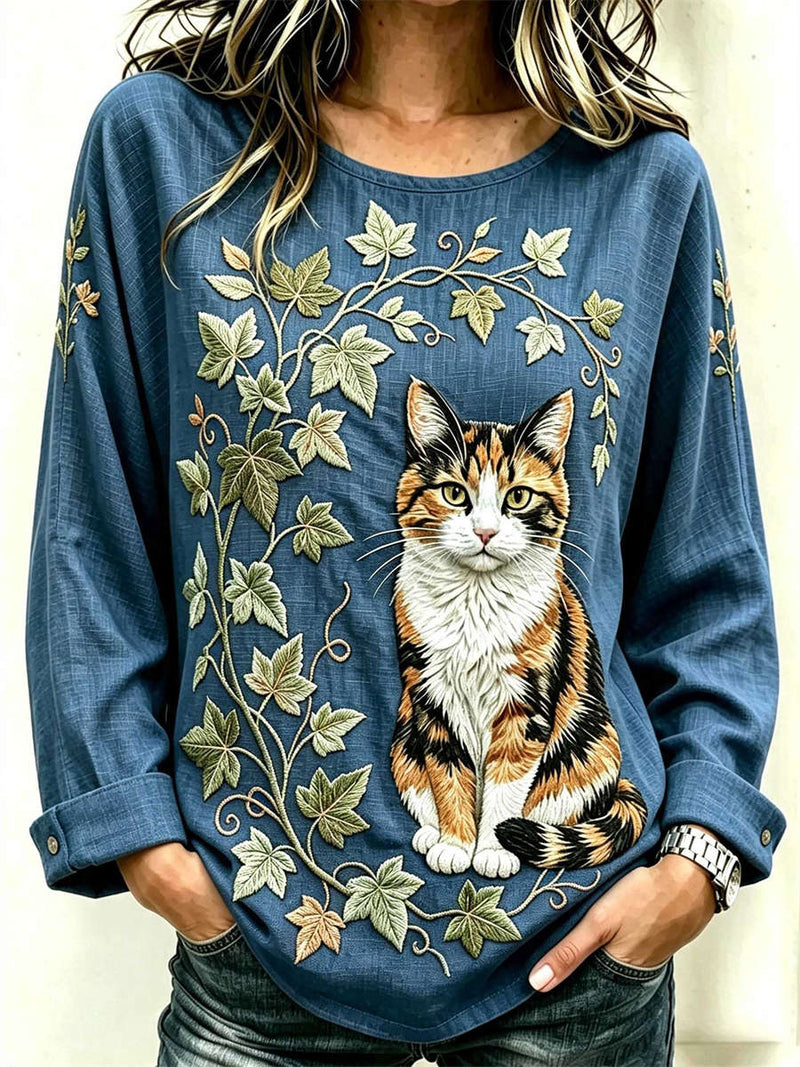 Women's Dark Blue Tabby Cat Leaf Print Round Neck Long Sleeve Blouse