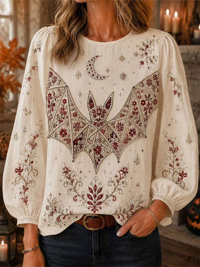 Women's Halloween Off White Bat Moon Floral Print Round Neck Long Sleeve Blouse